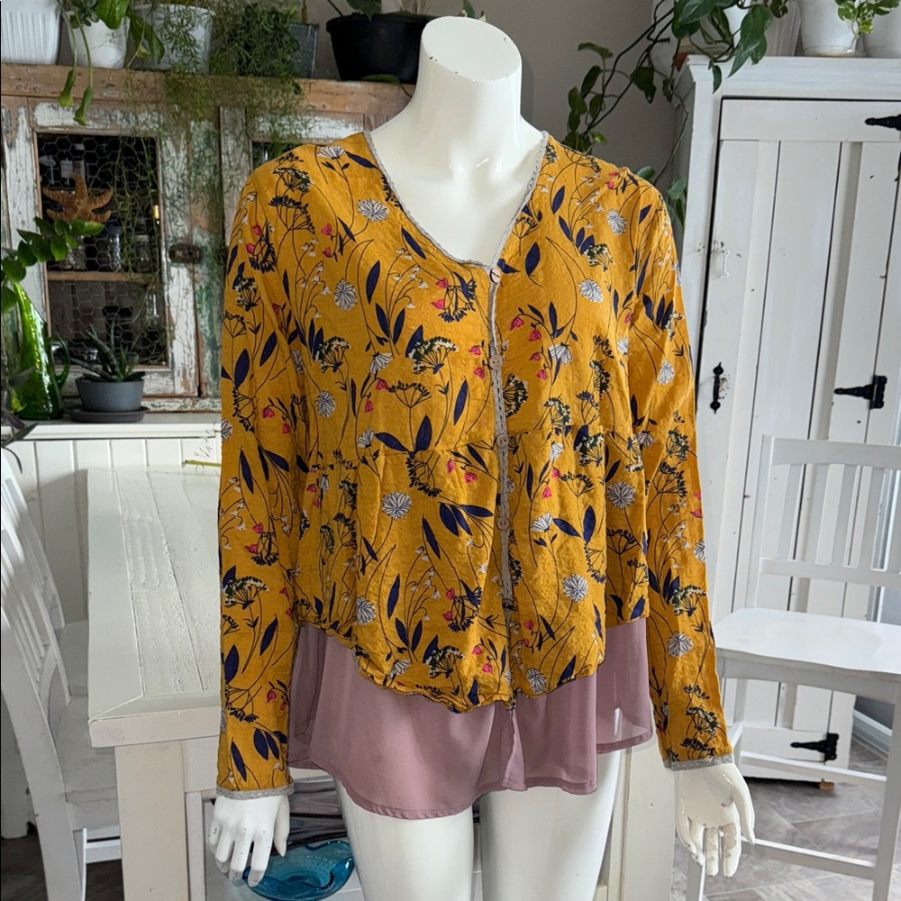 Floral Yellow and Pink Women's v-neck embroidery detail linen/cotton Top